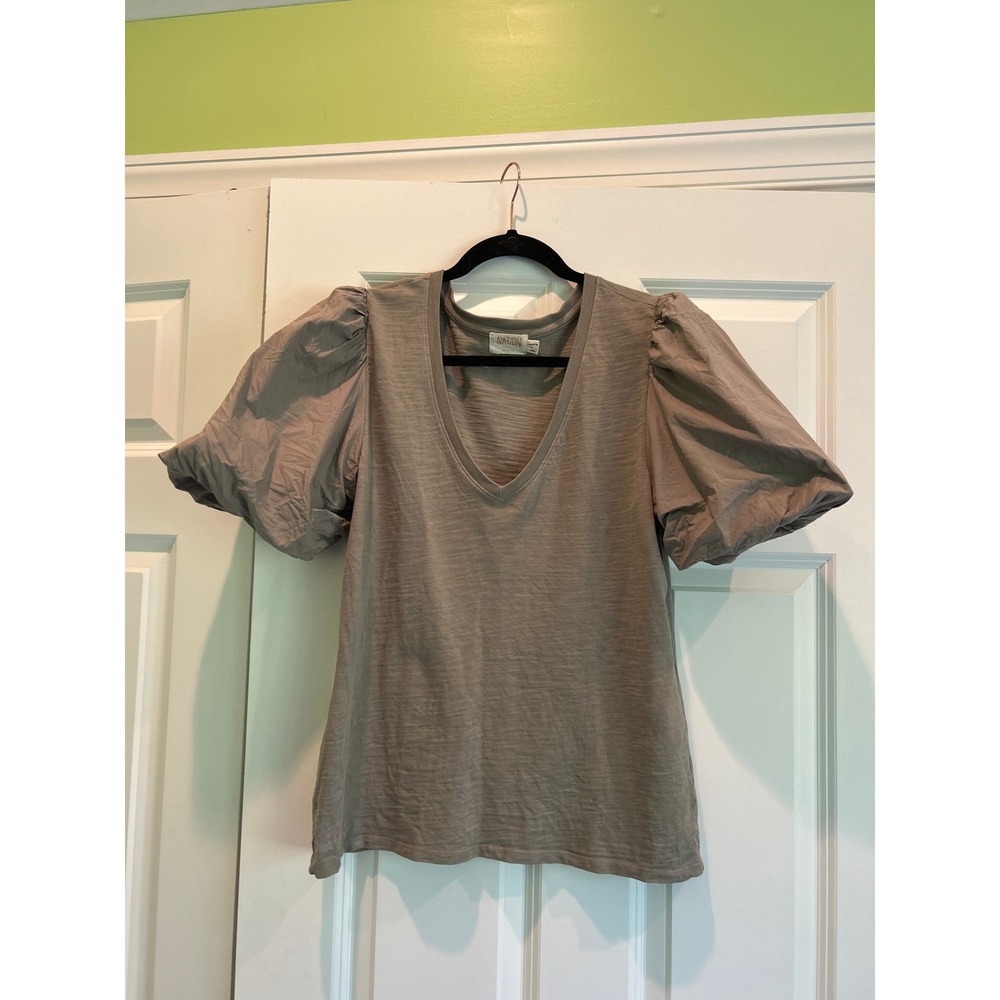 Nation LTD Noa Puff Sleeve V-Neck Slub Jersey T-Shirt Taupe Gray Size L - Picture 3 of 5